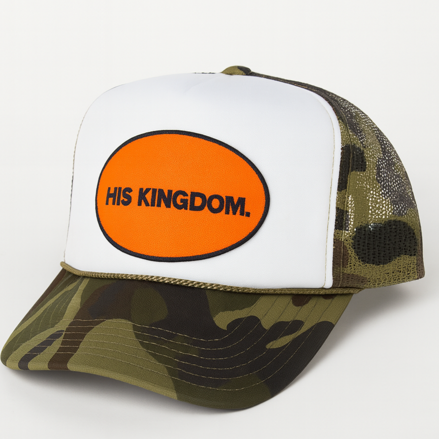 His Kingdom Trucker Cap - Camo (White/Orange)